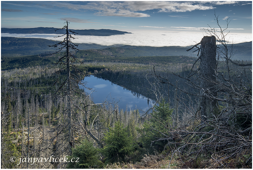 Plešné jezero (1089 m)  z jezerní stěny, vltavská brázda Lipna,  vzadu vlevo Knížecí stolec (1236 m)   